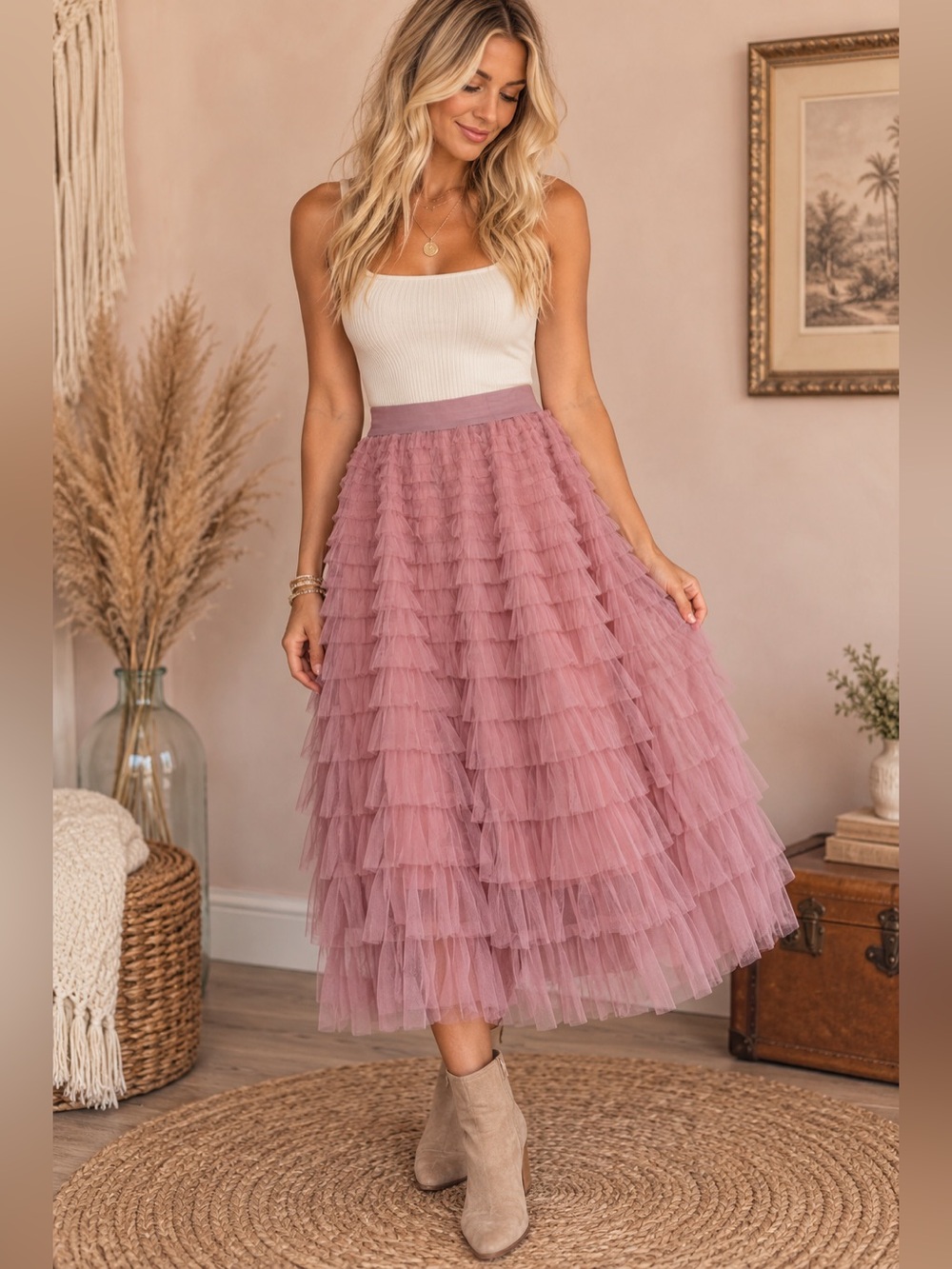 Amazon Tiered Tulle Maxi Skirt in Dusty Mauve